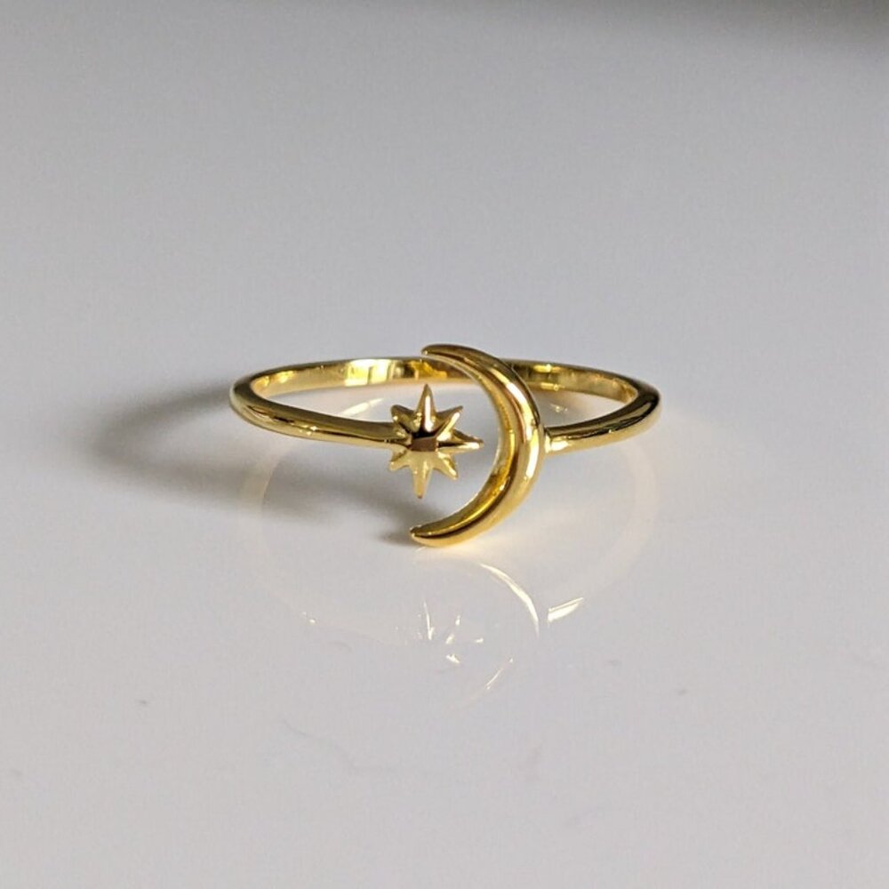 Dainty Gold Moon Star Ring, Crescent Moon Ring, Sterling Silver Women Ring,